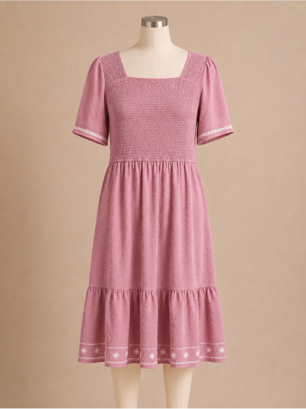 Pink Swiss Dot Smocked Midi Dress 2XL Square Neck Embroidered Boho